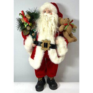 Vintage Porclain Santa Claus Figurine With Teddy Bear & Greenery